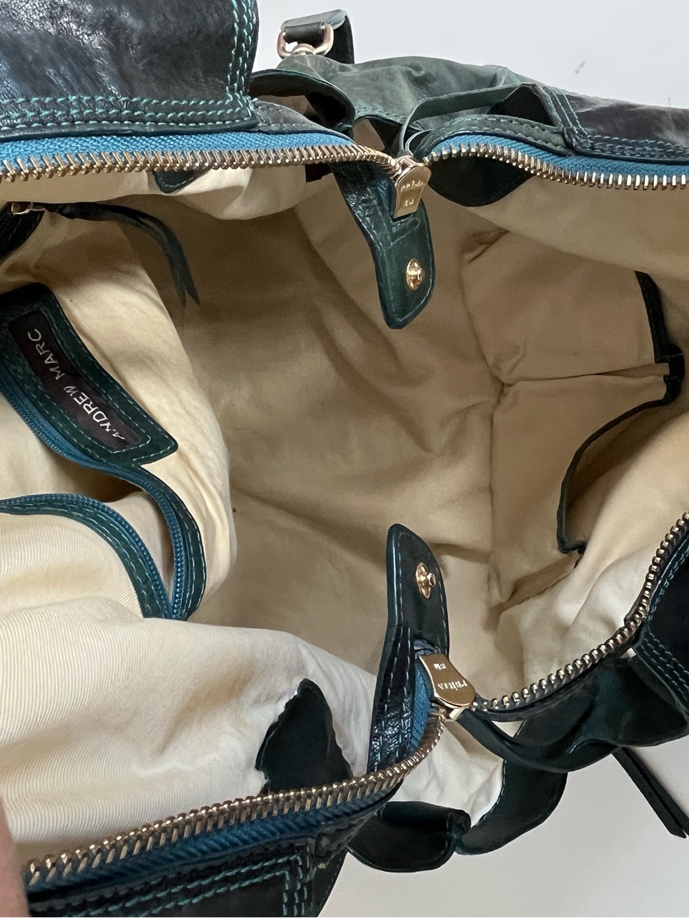 Andrew Marc Distressed Leather Slouch Tote | Oversized Hobo Bag | Teal Color - Picture 6 of 8